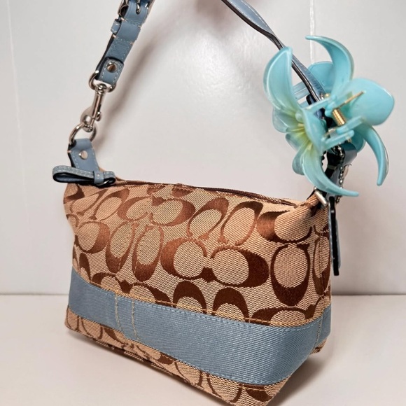 Coach Brown and Blue Shoulder Bag with Signature Monogram